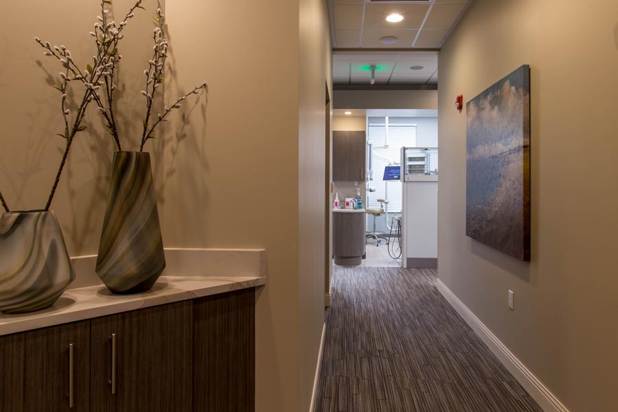 Hallway with painting and decorative plants at Karl Hoffman Dentistry in Lacey, WA 